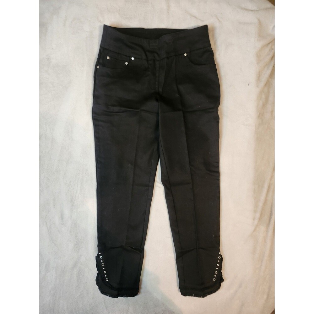 Ruby Rd Petite 4P Black Cropped Pants Tencel Stretch Frayed Stud Grommet Cuff